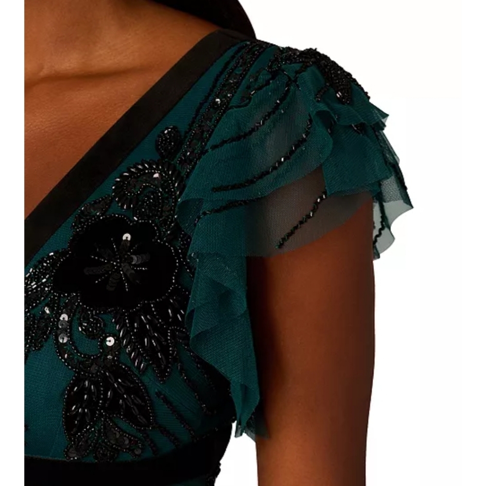 $799 Adrianna Papell Velvet-Trim Embellished Midi Bead Mesh Dress Sz 2 Old Money - Picture 4 of 16